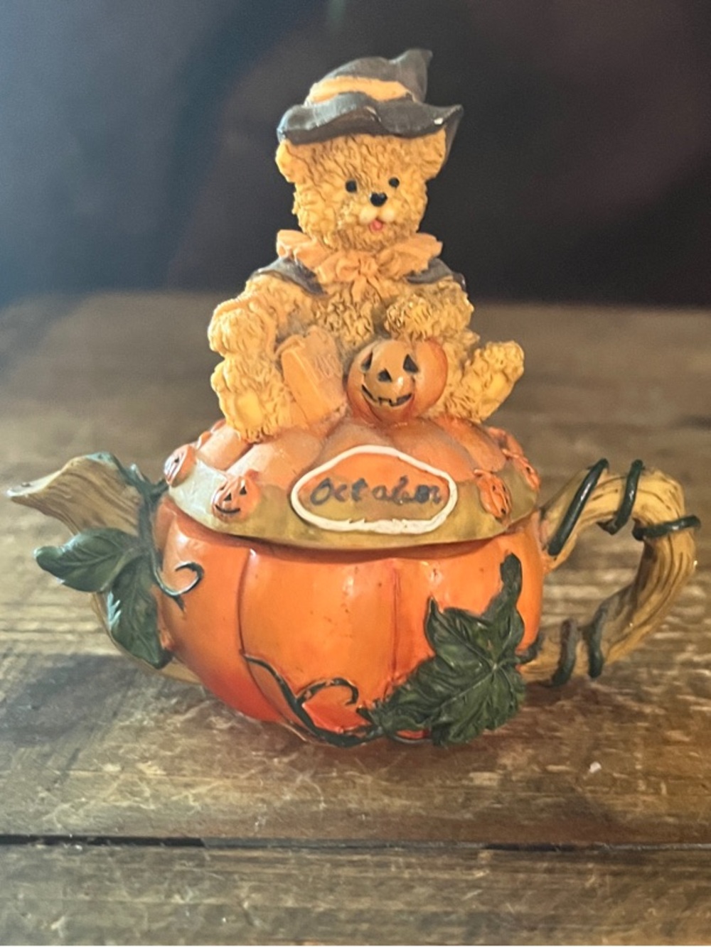 October Pumpkin Bear Teapot Trinket Box
